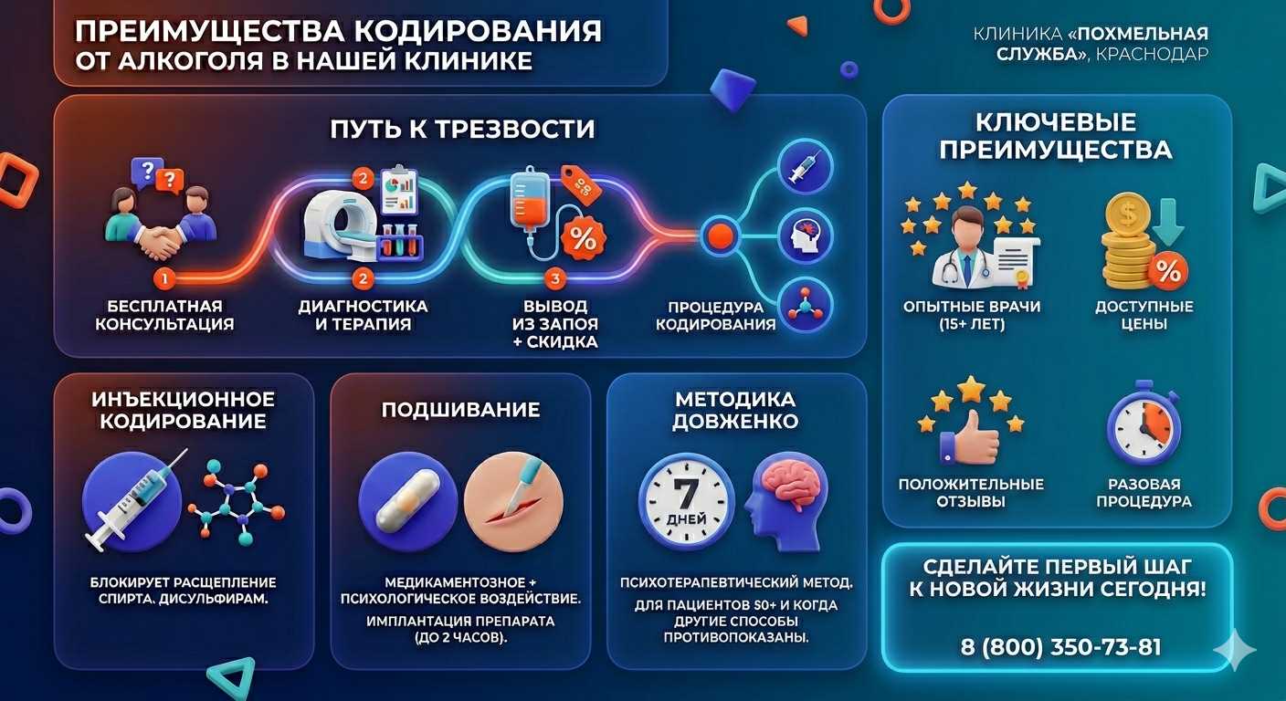 Инфографика о методах кодирования от алкоголя в Волоконовке: инъекции, подшивание, метод Довженко. Преимущества клиники и этапы лечения.